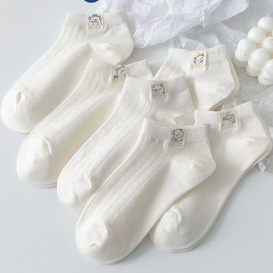 Women with Fabric Label, Thin Pure White Short Internet Celebrity Socks, Cute Low-Cut Boat Socks for Summer