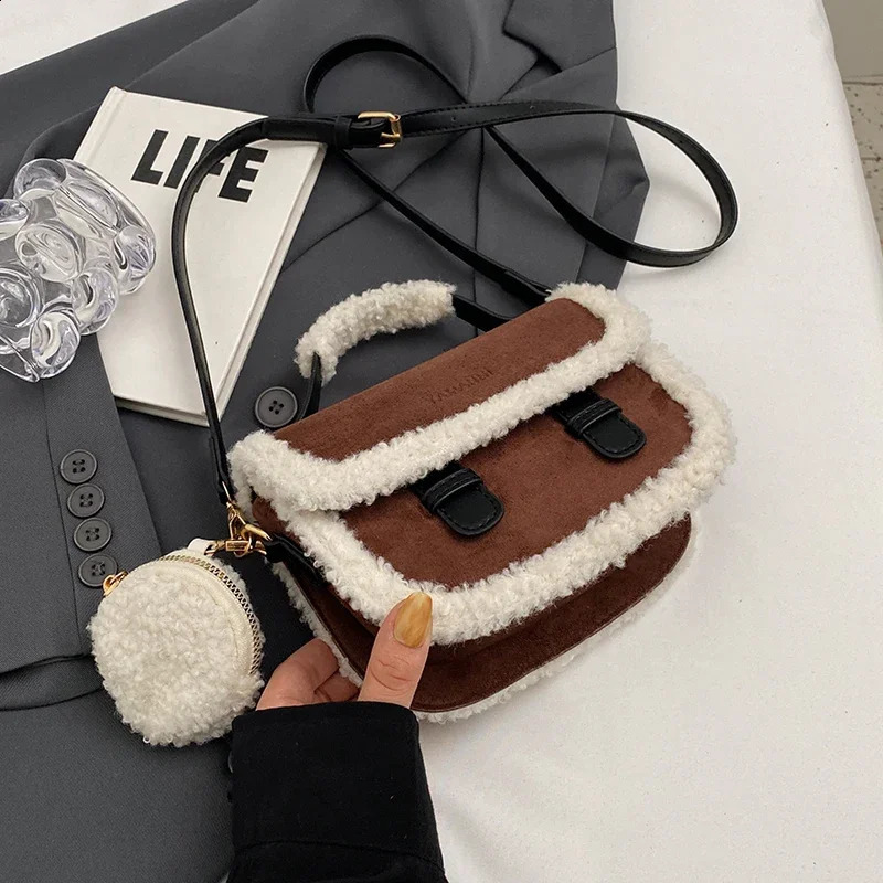 Winter Womens Plush Small Square Bag Color Contrast Single Shoulder Crossbody Bag Brown Handbag 250809