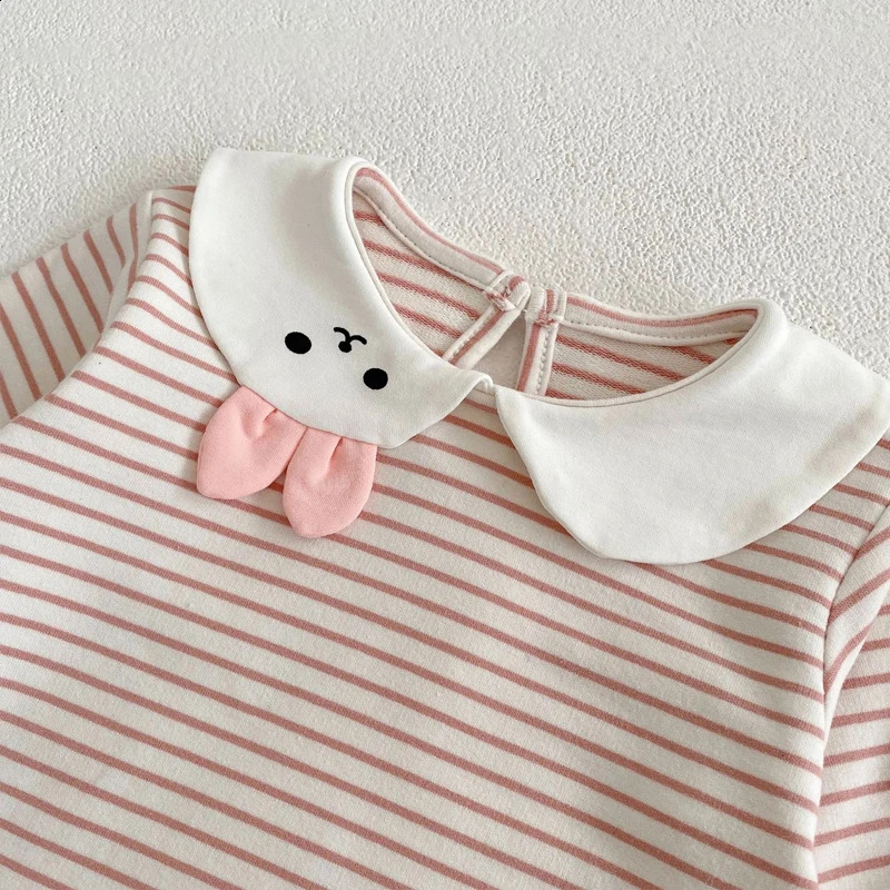 autumn baby clothing 03 year old girl bunny collar striped top Tshirt 250812