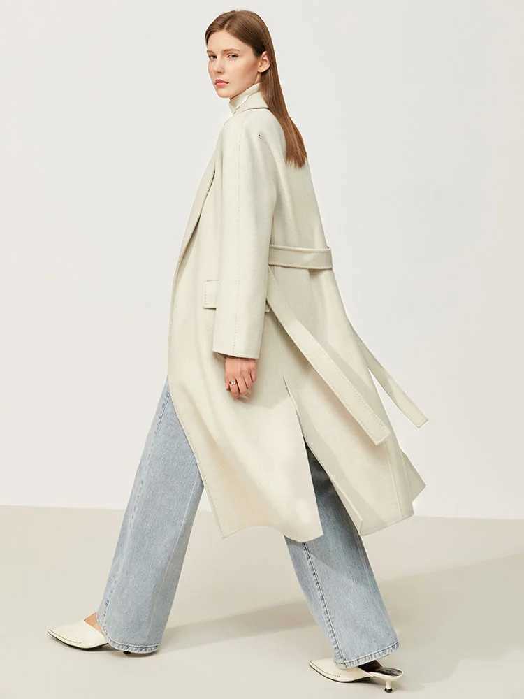 Amii Minimalism Winter Woolen Coat Women Elegant 100% Wool Double-sided Long Jacket with Sashes New Overcoat Female Jackets 12170570 Z250813