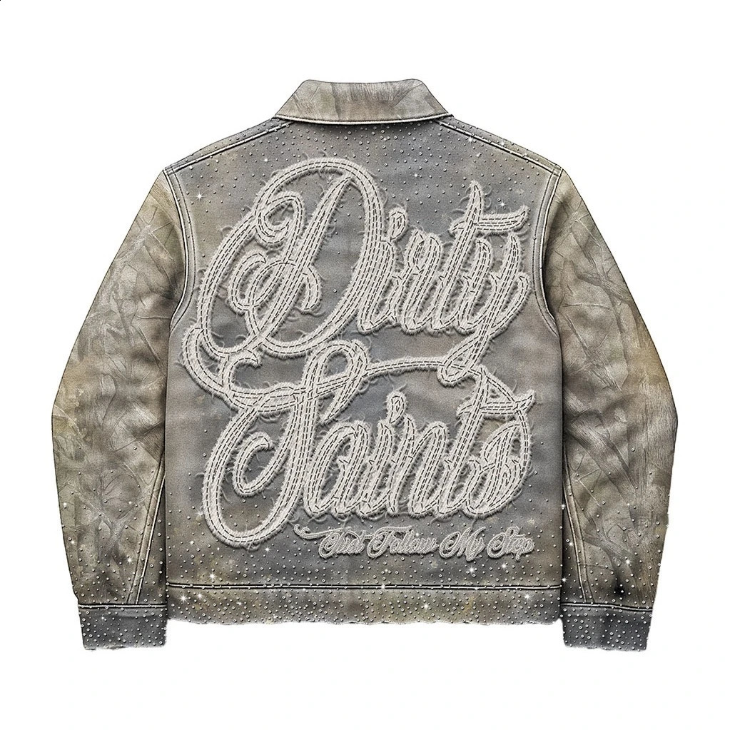Mens Vintage Distressed Denim Jacket with Letter Patches Rhinestone Embroidery Gray Zip Up Streetwear Hip Hop Casual Outwear 250812