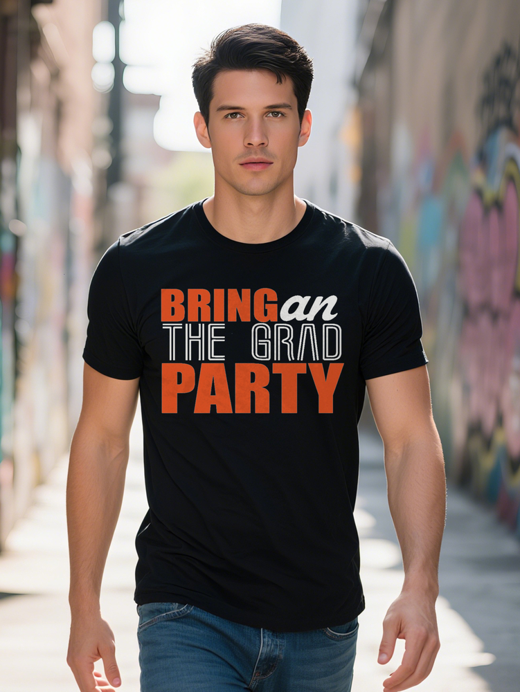 Men s Casual Graphic T Shirt Black with Orange White Bring on the Grad Print Round Neck Tee Regular Fit