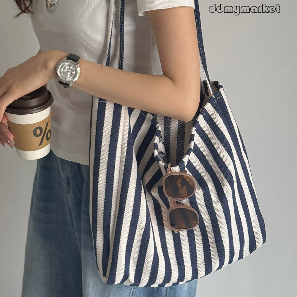 Korean Niche Shopping Artistic Single Shoulder Large Fresh Striped Canvas 2025 Tote Bag ddmymarket