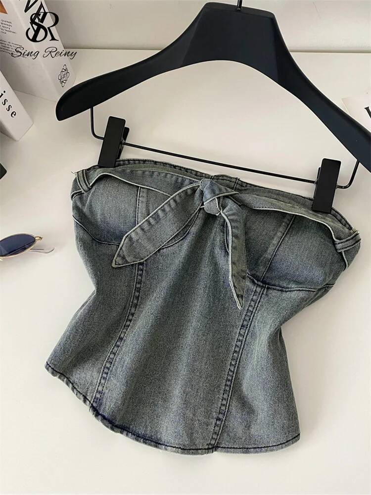 2025 vest SINGREENY American retro denim mini top bow strapless sleeves backless slim fit trend vest women's popular streetwear sexy vest designe