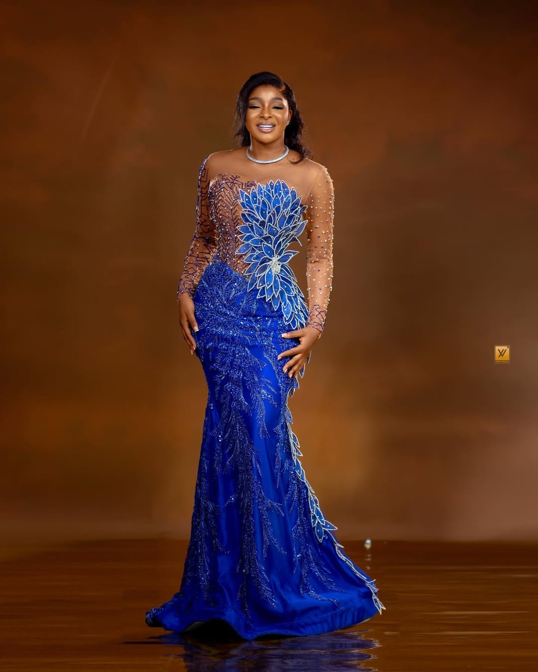Aso Ebi Plus Size Royal Blue Prom Dress 2025 Evening Dresses For Special Occasions Sheer Neck Beaded Lace Long Sleeves Birthday Dress Second Reception