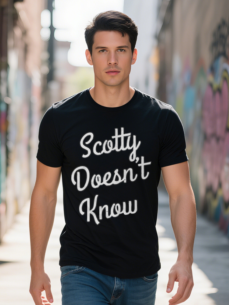 Men s Casual Graphic T Shirt Black Scotty Doesn't Know Bold Round Neck Tee Breathable Summer Top Regular Fit