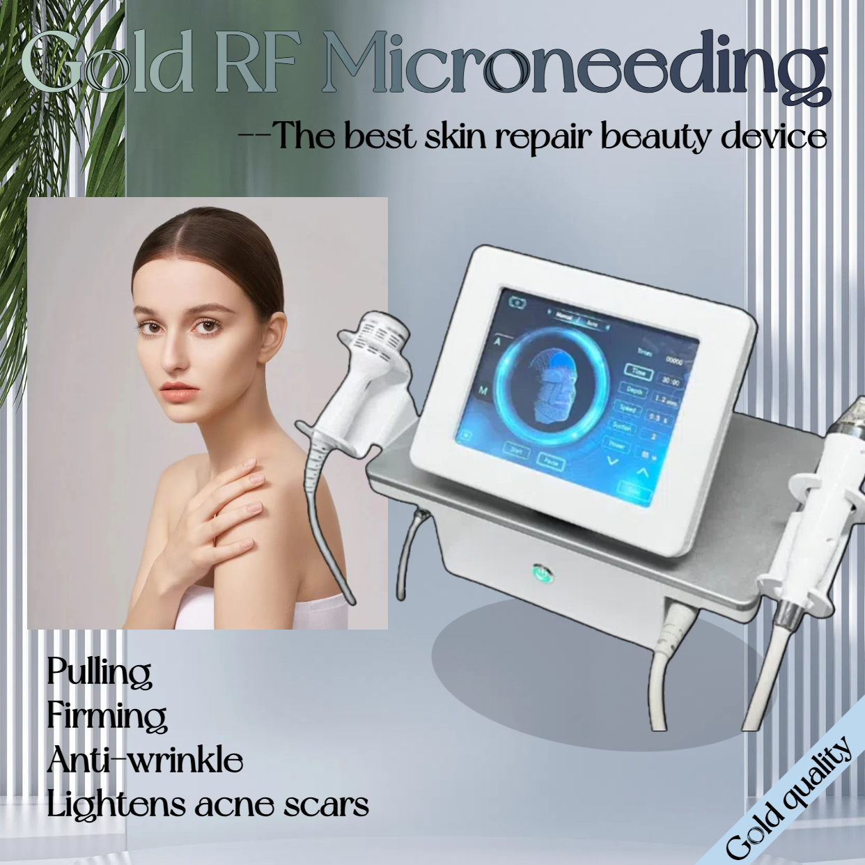 Radio Frequency Microneedle Gold Layer Skin Tightening Collagen Boost Reduces Wrinkles Scars Home Pro Safe Effective All Skin