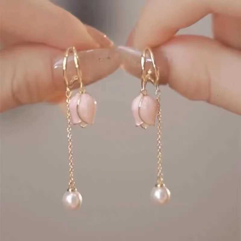 2023 New Korean Elegant Irregular Pink Tulip Long Tassel Earrings For Women Fashion Imitation Pearl Jewelry Gifts Y250812