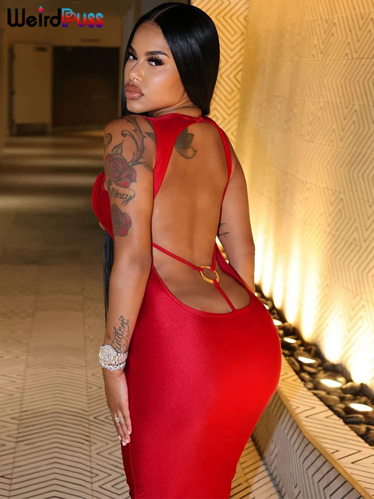 Weird Puss Sexy Backless Party Dress Hollow Skinny Sleeveless Low-Neck Ring Clasp Chic Birthday Banquet Rave Bodycon Vestidos 250806