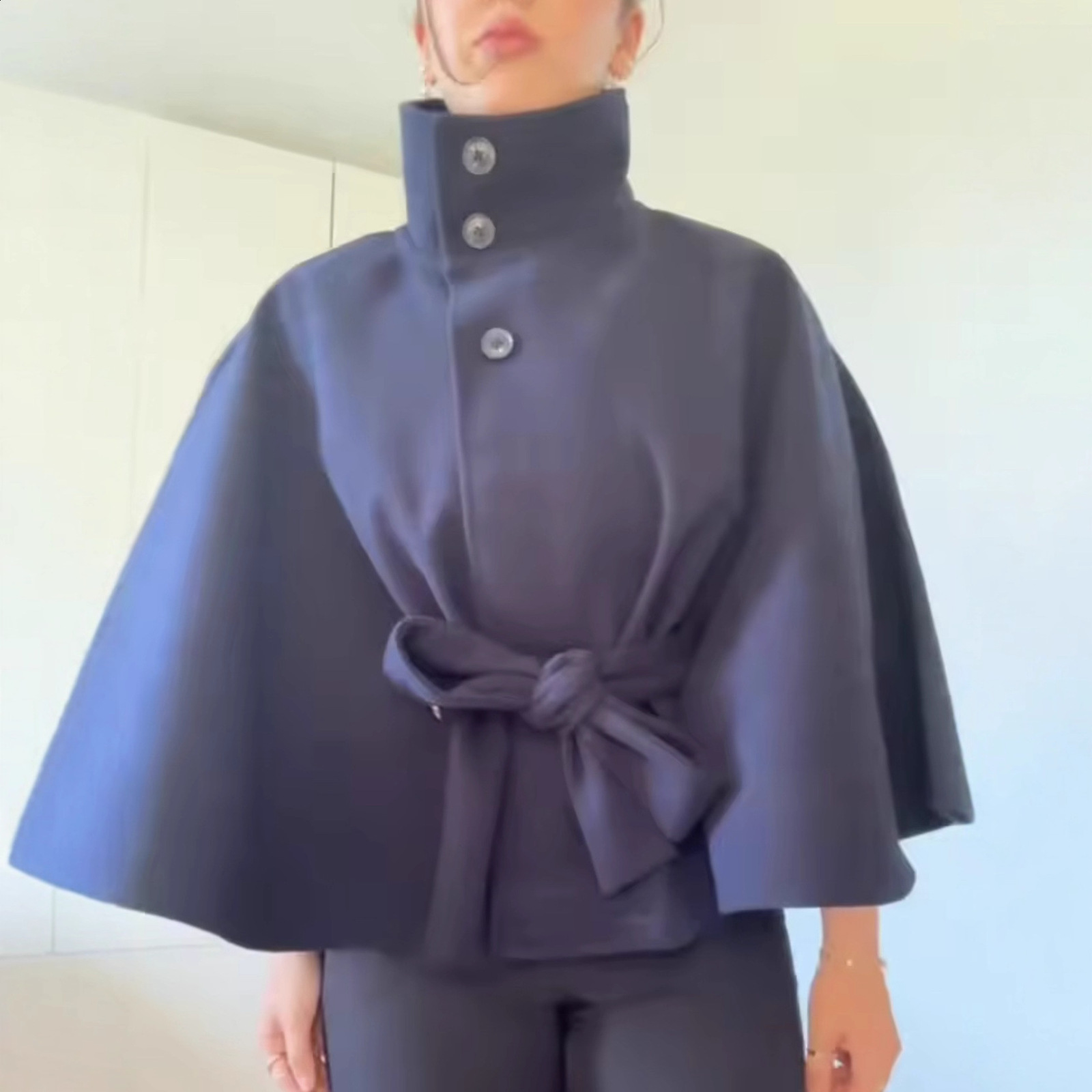 Womens Fashion Casual Loose Stand Collar Bathrobe Style Coat with Belt Short Jacket 250813