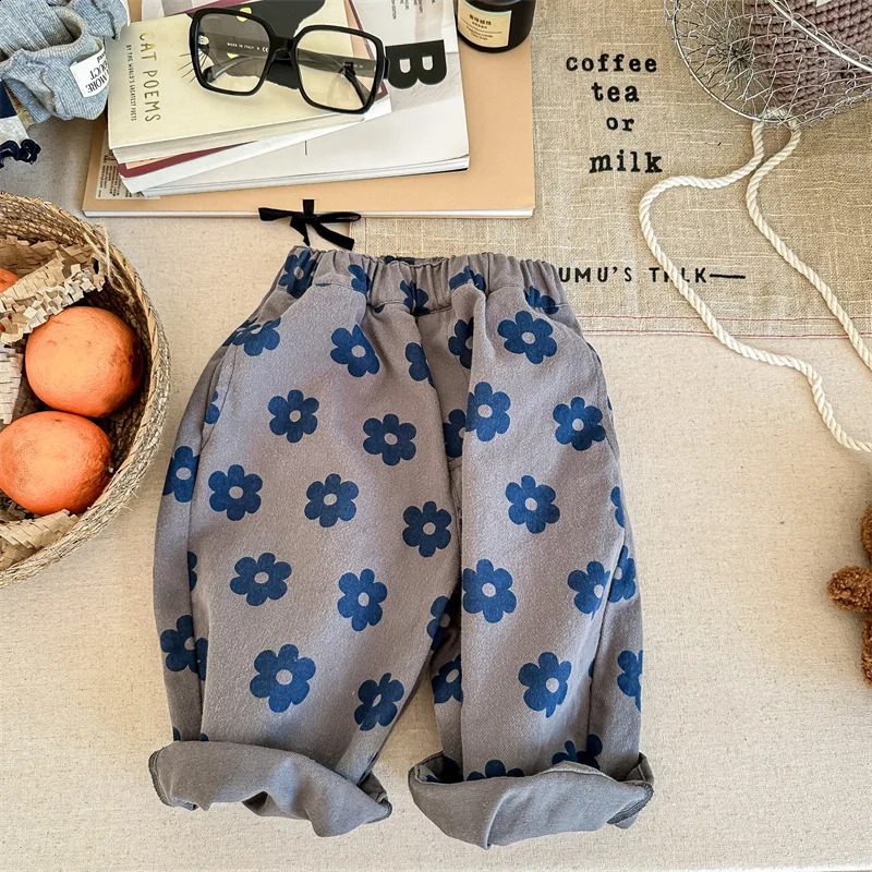 Spring Kids flowers printed casual trousers Boys and girls cotton loose harem pants 250812