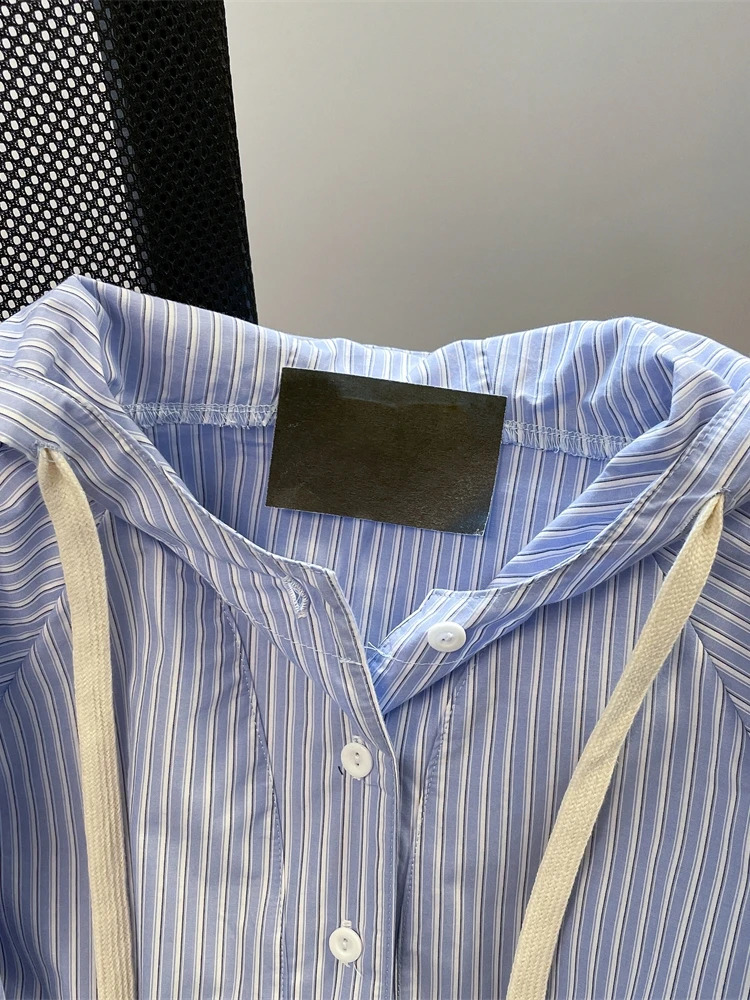 Japanese Style Blue Stripe Hooded Shirts Women Man Spring Autumn Long Sleeves Loose Casual Hoodies Vintage All-matched Coat Tops 250811