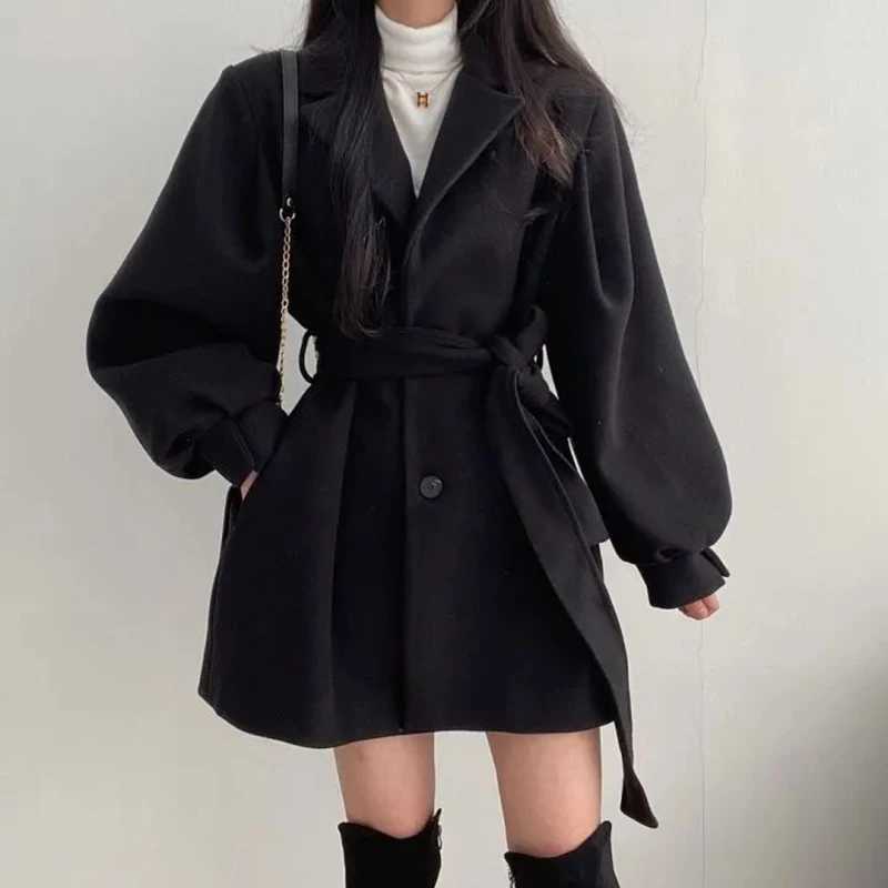2023 EVNISI Autumn Winter Women Lace-up Trench Coat with Pockets Woolen Turn-down Collar Buttons Women Long Sleeve Coat Overcoat Z250813