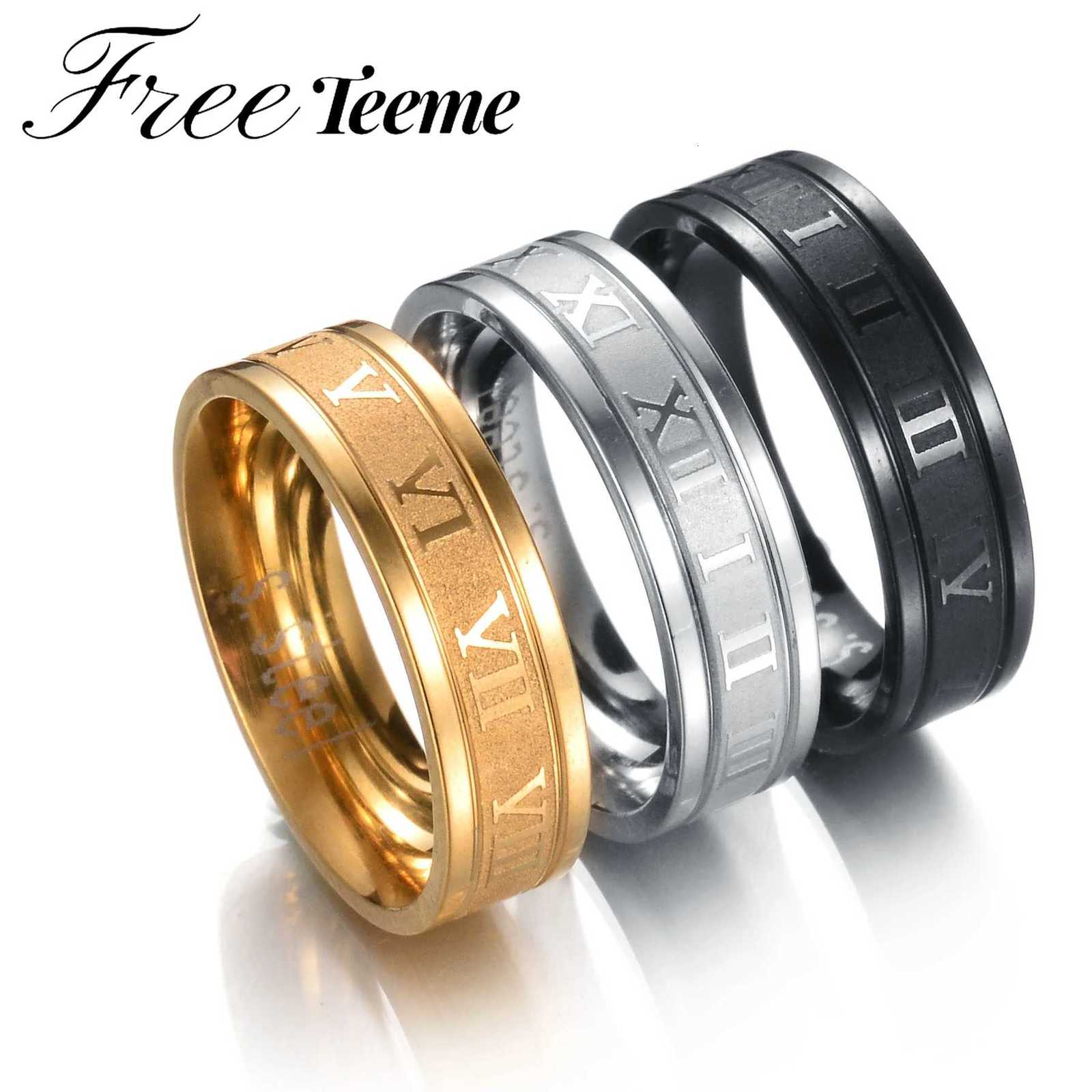 Freeteeme Vintage Roman Numbers 6mm Width Wedding Ring Fashion Stainless Steel Couple Rings for Women Men Jewelry Birthday Gifts W250812