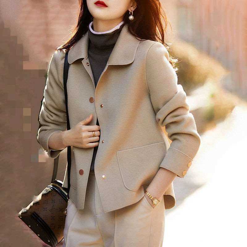 Autumn 2025 New Womens Double-sided Woolen Short Coat Women Woolen Coats Spring Jackets Lapel Pocket Solid Casual Female Tops Z250813