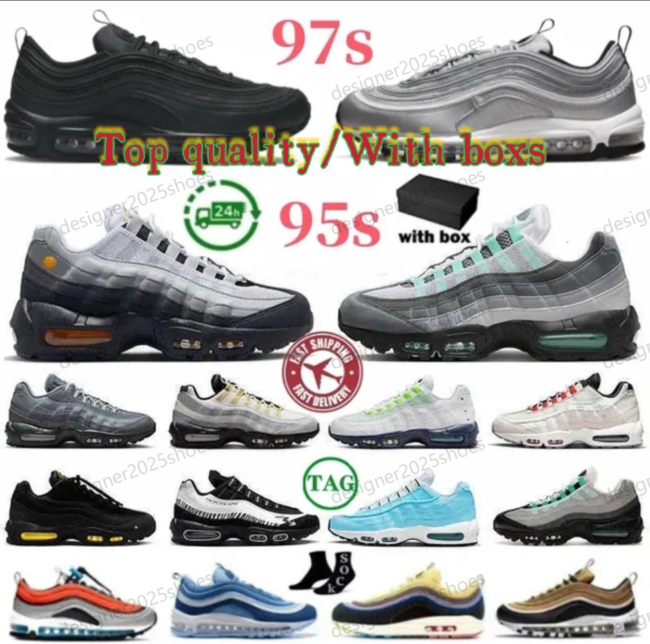 With Box 95s Designer Shoes 97s Running Shoes 95 Men Women Sneakers 97 Triple Black white Solar Red flats Breathable Outdoor Sports Trainers