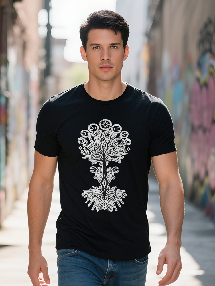 s Casual Crew Neck T Shirt with Artistic Plant Print Black Summer Tee Comfortable Stylish Gift for Men