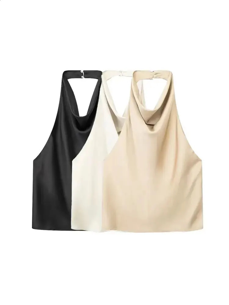 TRZA Women Fashion Satin Flowing Halterneck Tank Tops Sexy Backless With Button Female Camis Mujer 250804