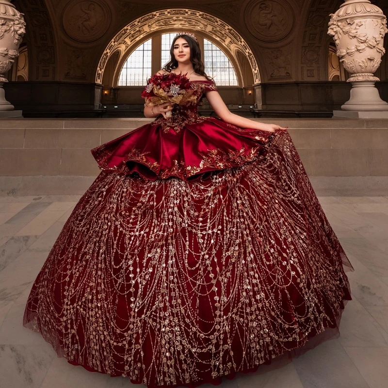 Red Ball Gown Quinceanera Dresses Off Shoulder Sequin Applique Lace Beading Tull Party Birthday Sweet 16 Vestidos 15 De Anos