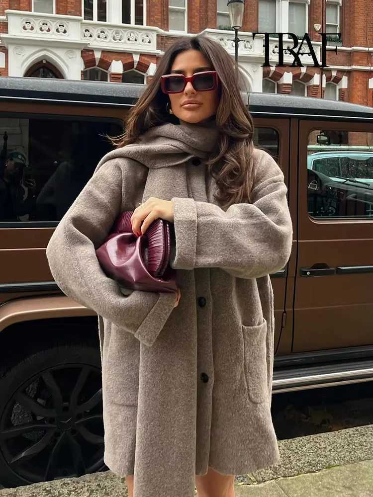 TRAF Womens Fashion Knit Jacket with Scarf Warm Cardigan Single Breasted Coat Casual Solid Color Pocket High Street Outerwear Z250813