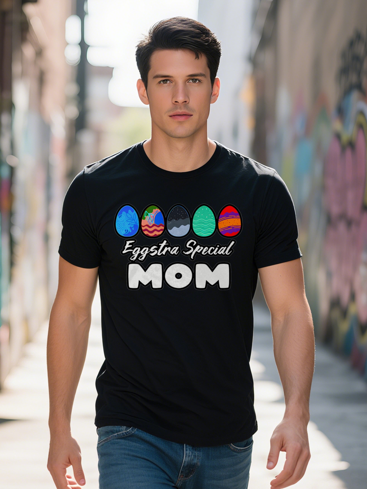 Men Extra Special MOM Colorful Egg Print T-Shirt Casual Crew Neck Slight Stretch Fabric Perfect Gift for Mother S