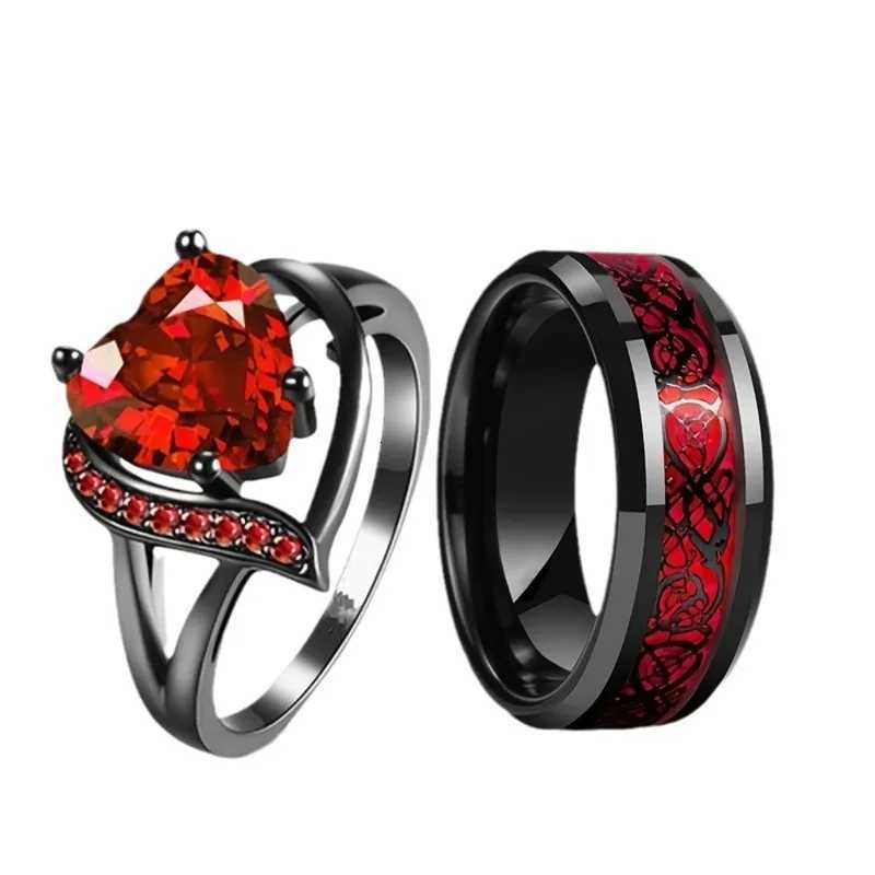 Charm Couple Rings For Men Stainless Steel Celtic Dragon Ring Heart Red Zircon Women Wedding Rings Set Valentines Day Jewelry W250812