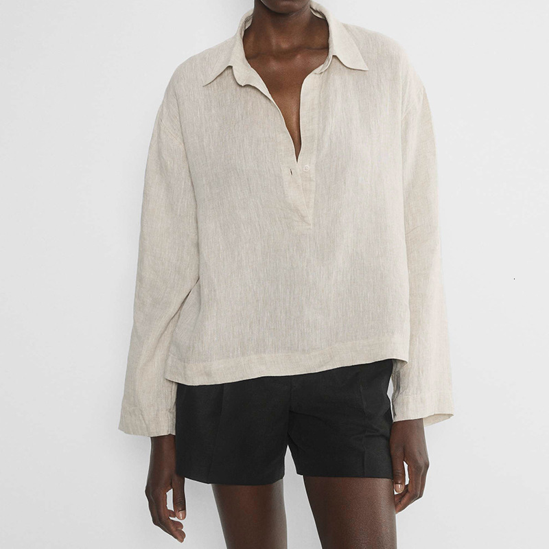 Pieces Linen Old Money Style Long Sleeve Women's Turn-Down Autumn Polo Collar Top Design Sense Loose Shirt