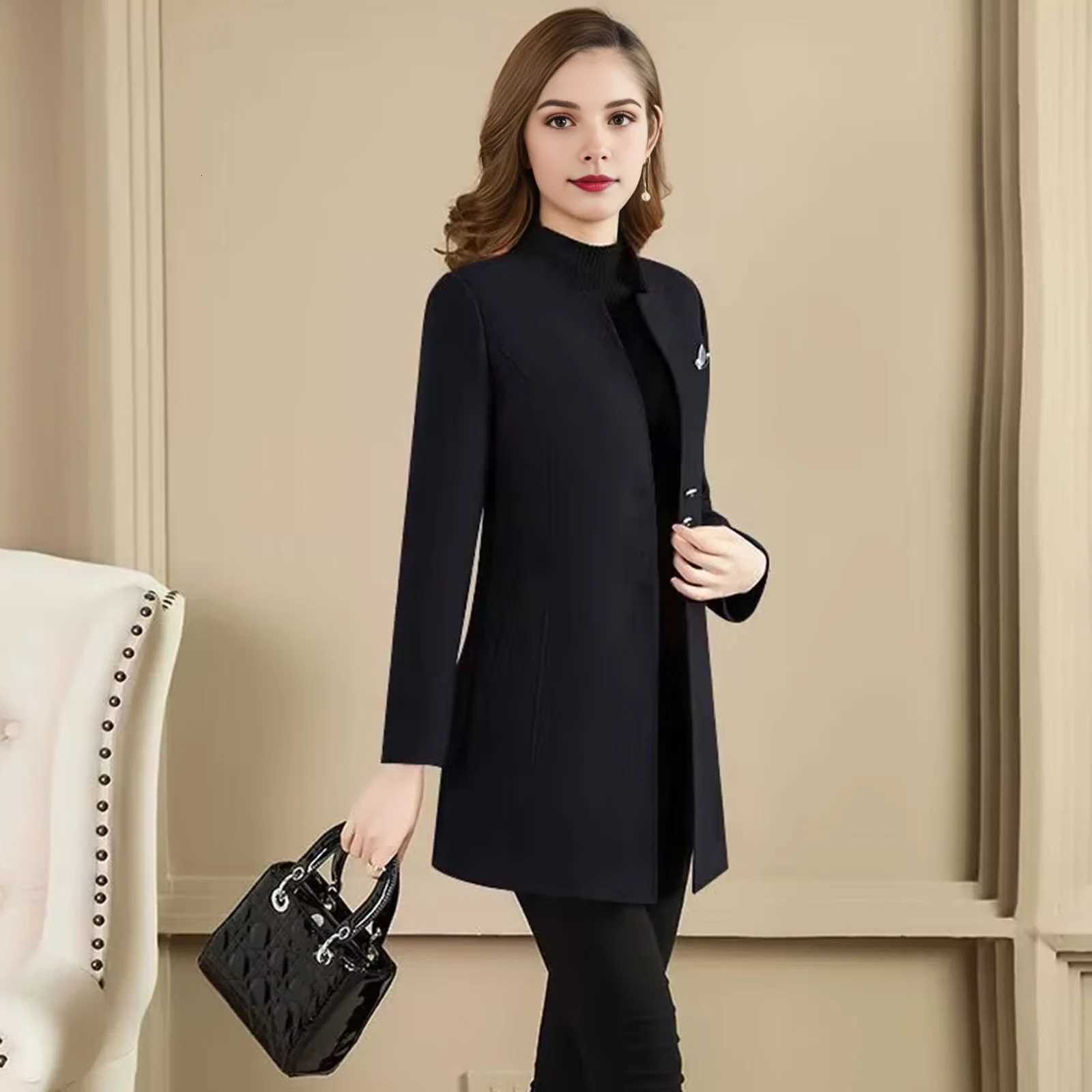 Women Woolen Coat Stylish Womens Mid-length Woolen Coat with Notched Collar Slim Fit Autumn Winter Outerwear in Solid Color Z250813
