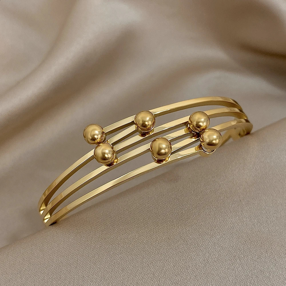 Fashion Multilayer Metal Ball Wrap Cuff Bracelet Bangle for Women Chunky Gold Plated Stainless Steel Bracelet Waterproof Jewelry 250812