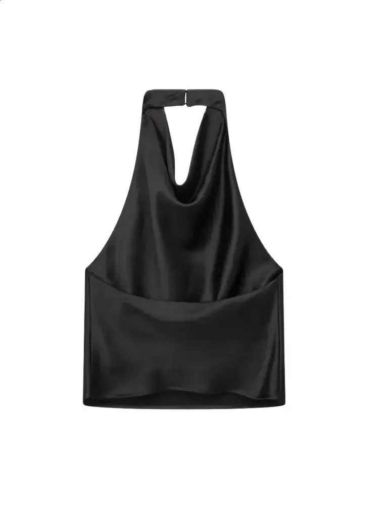 TRZA Women Fashion Satin Flowing Halterneck Tank Tops Sexy Backless With Button Female Camis Mujer 250804