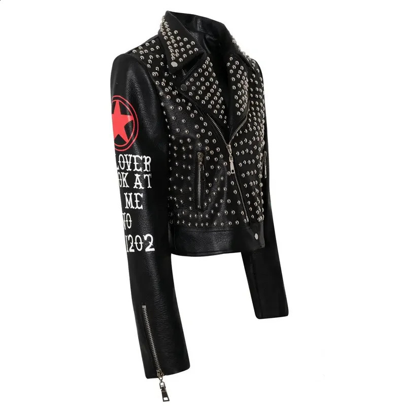 Black Cropped Leather Jacket Women 2025 Trend Punk Style Slim-fit Zipper Short Streetwear Printed Studded Motorcycle Jackets 250811