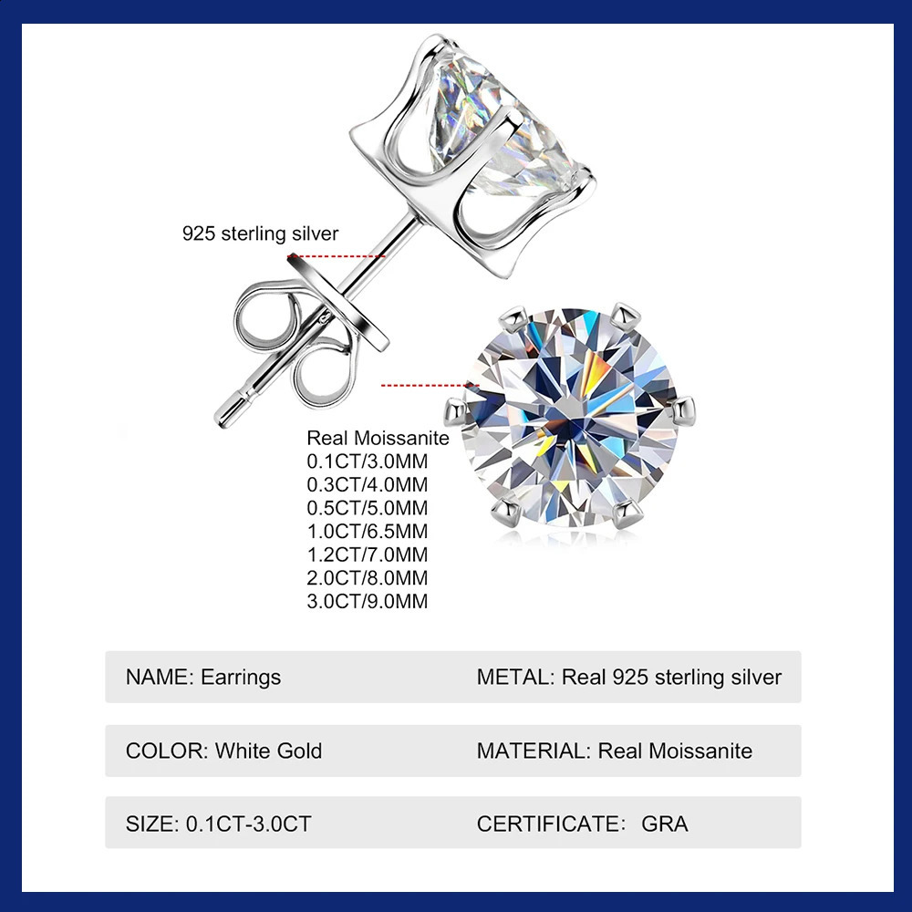 0.1-3 Carat Stud Earrings for Women Men D Color Lab Created Diamond Earring 925 Sterling Silver Ear Piercing Jewelry 250807