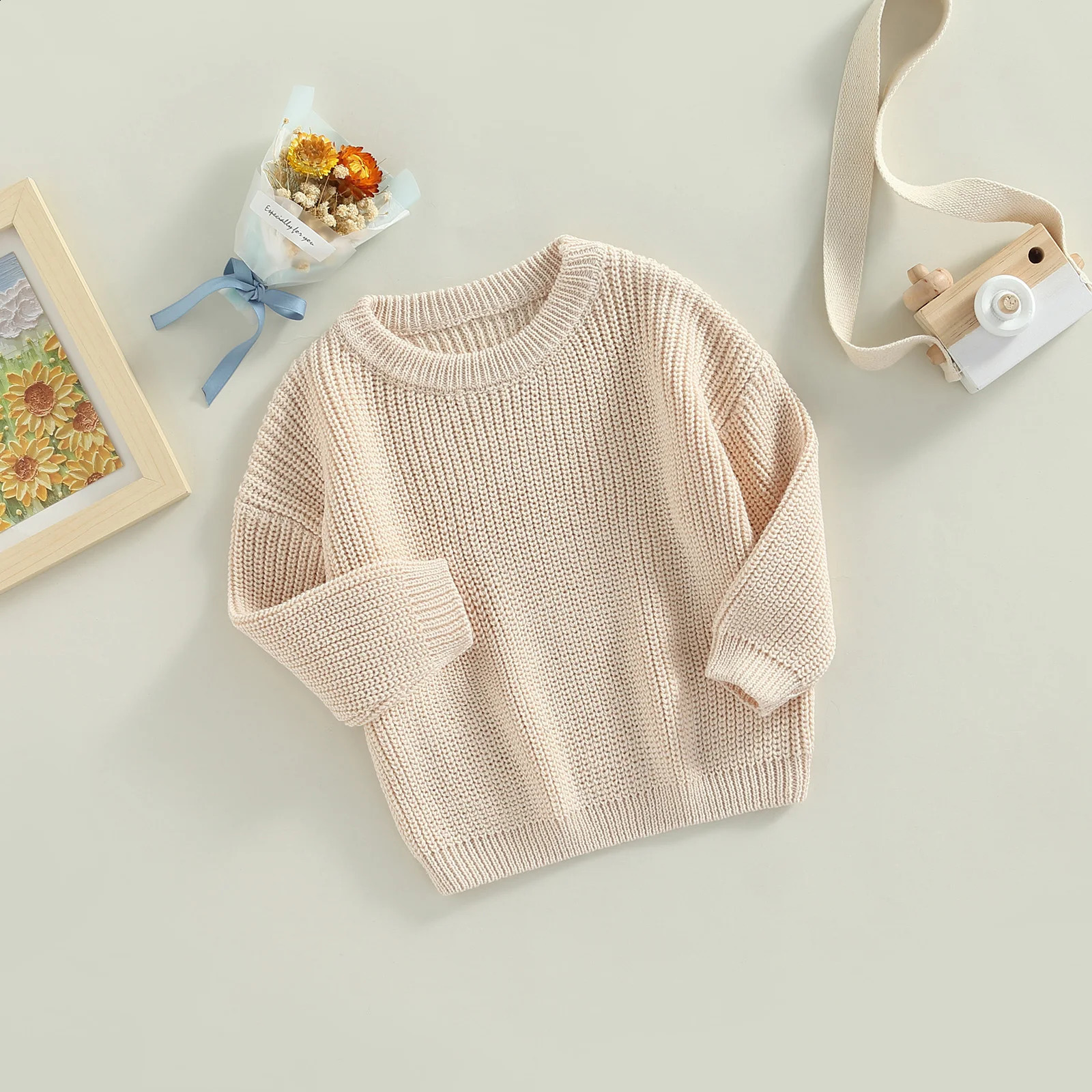 VISgogo Toddler Baby Round Neck Sweaters Long Sleeve Solid Color Loose Knitted Pullovers Kids Boys Girls Fall Winter Sweaters 250813