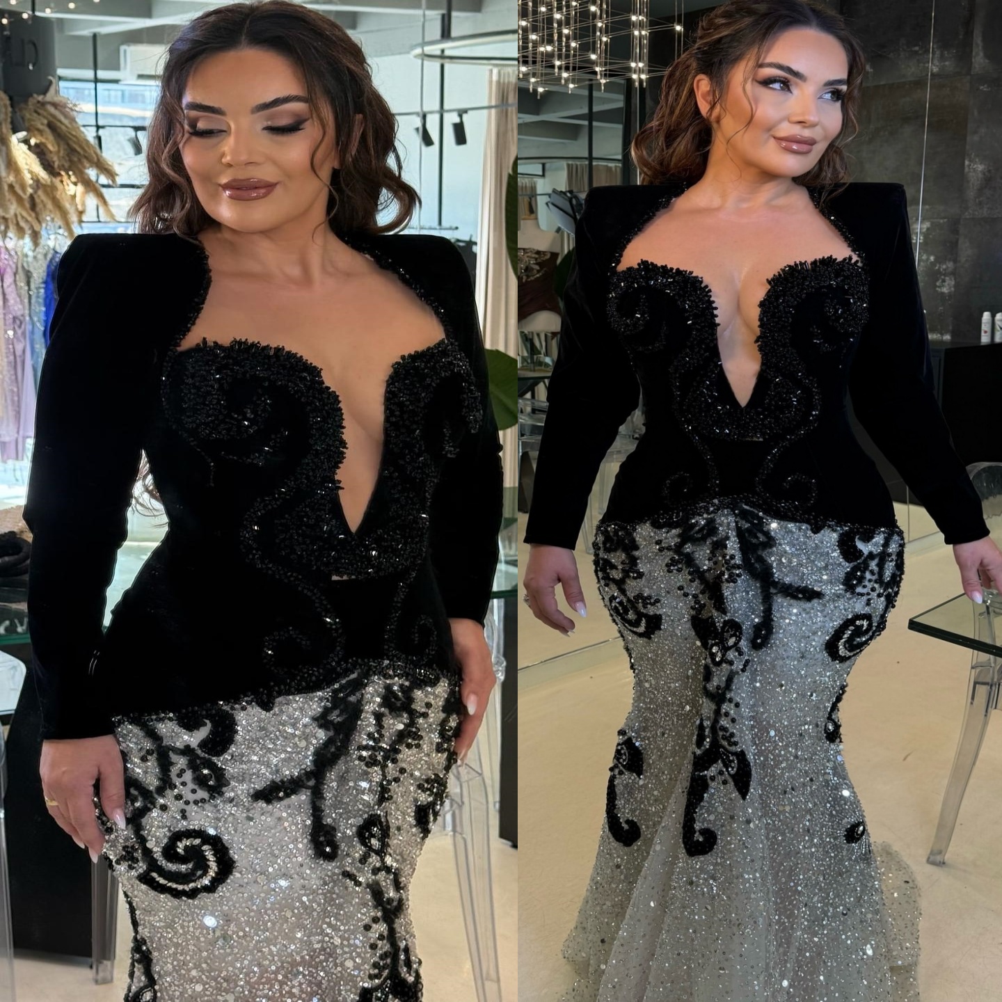 Arabic Mermaid Black Silver Evening Dresses Beaded Sequined Full Sleeves Prom Formal Party Second Birthday Engagement Gowns Plus Size Dress For Specia