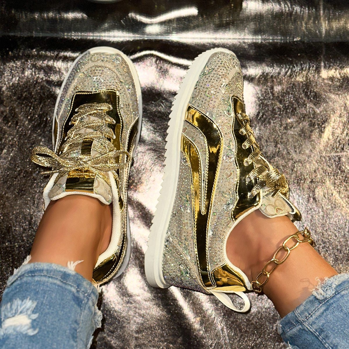 New 2025 Women's 4.5cm Thick Bottom Casual Shoes Crystal White Luxury Shining Sports Shoes Trendy Anti Slip Flat Casual Shoes Fashion Tennis Shoe