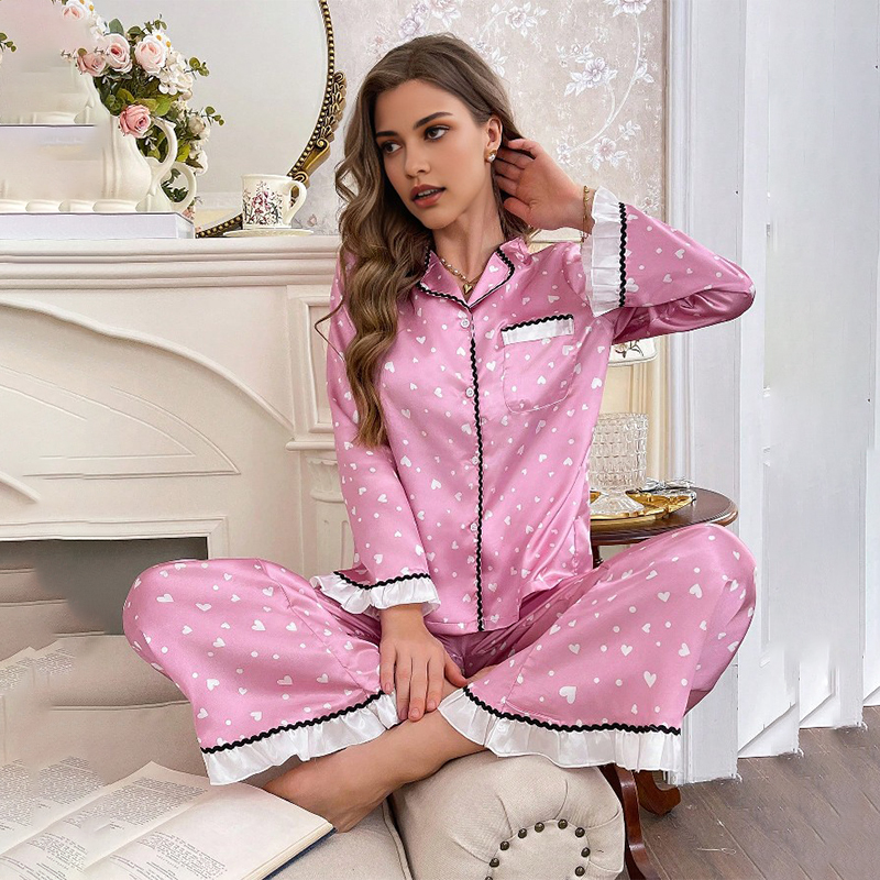 2025 New Women's Spring and Autumn Silk Color Dye Heart Print Lace Long Sleeve Long Pants Pajama Set Homewear
