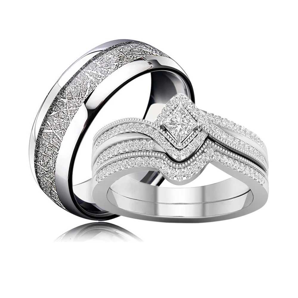 Charm Silver Color Couple Rings for Lovers Cute Women Rhinestones Zircon Rings Set Trendy Stainless Steel Men Rings Jewelry W250812