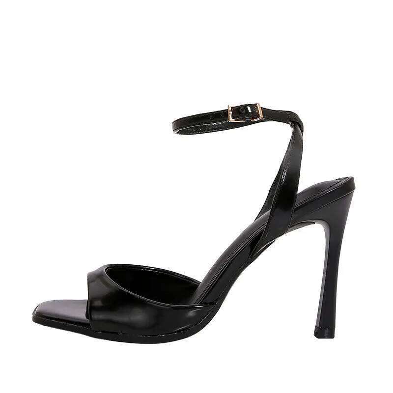 Black Patent Leather Ankle Strap Buckle Heeled Sandals Women Sexy Square Open Toe High Heels Summer Elegant Party Office Shoes