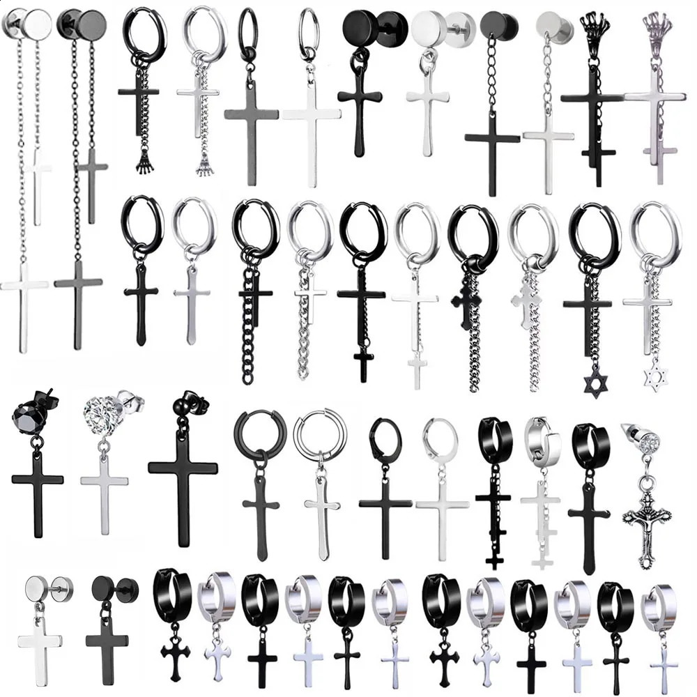 Punk Black Cross Stainless Steel Hoop Earrings For Women Men Fashion Vintage Chain Pendants Hip Hop Jewelry Earrings Wholesale 250812