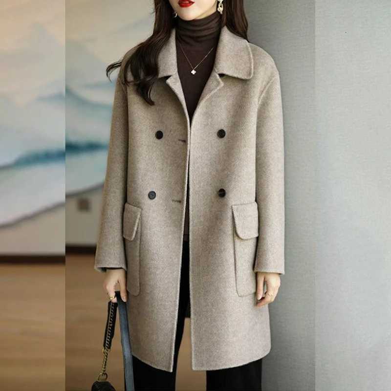 Womens Winter Overcoat Middle-Long Lapel Collar Woolen Coat Outerwear Warm Lady Overcoats Button Down Z250813