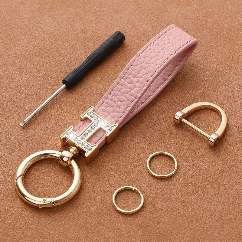 Car for Women Cute Personalized Creative Pendant Genuine Leather High-end Dia-encrusted H Keychain Internet Celebrity Circle Chain Fashion