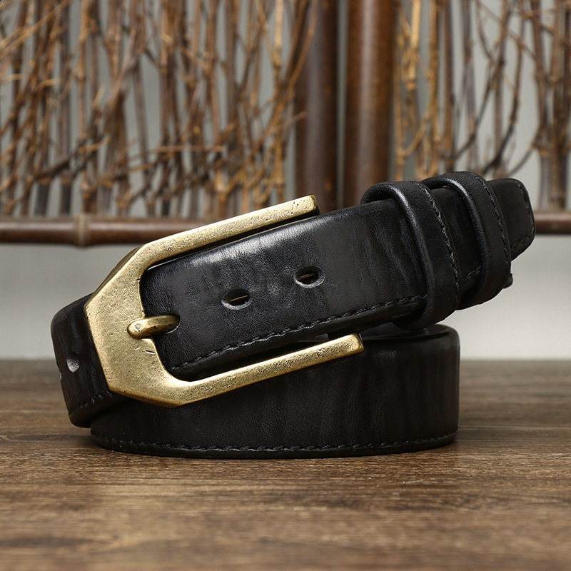 Red Tornado Genuine Leather Slide Belt with Vintage Brass Buckle For Casual Dress Pants 250102
