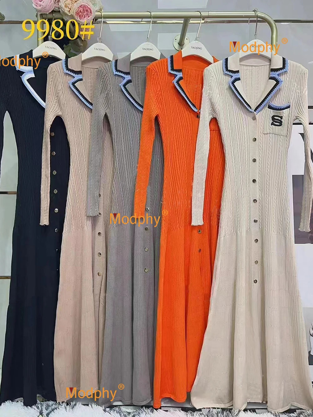 Modphy Elegant Slim Knitted Long Dress Womens Letter Single Breasted Long Sleeved er Vintage Dresses Autumn 250806