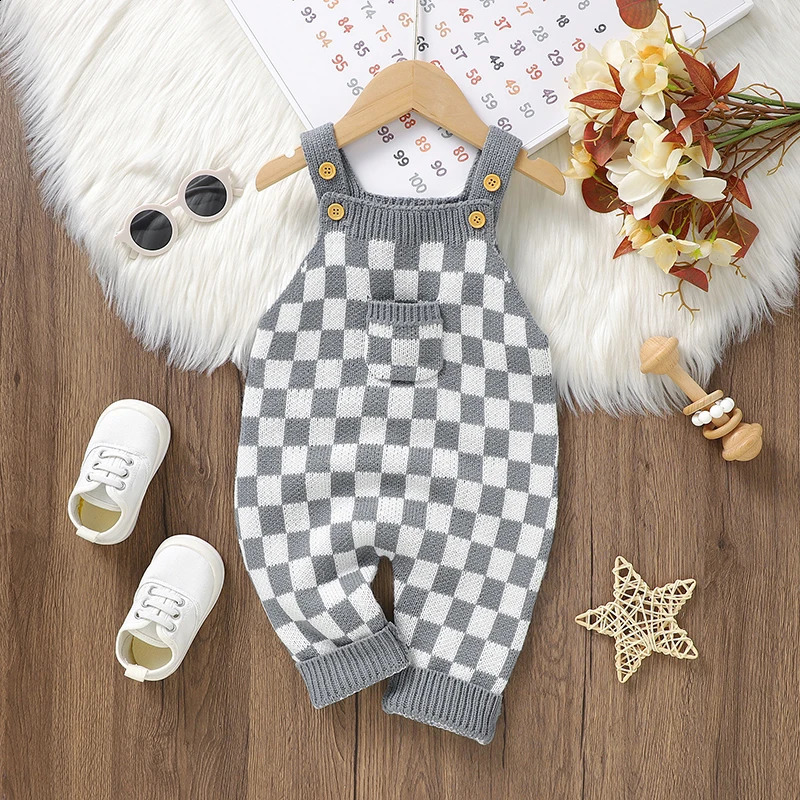 born Baby Romper Knitted Infant Boy Jumpsuit Sleeveless Autumn Toddler Kid Sling Clothing Fashion Plaid Pocket 018M Overalls 250812