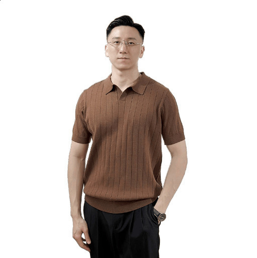 Old Money Style Textured Knit Short Wide Fit Polo Shirt Small V-Neck Short Sleeve Mens Polo Shirt 250813