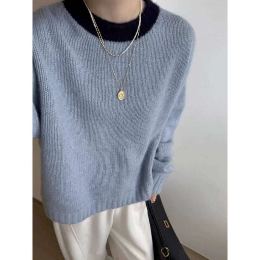 Matching Color Round Neck Pure Cashmere Women's Autumn And Winter Loose Thickened Knitted Wool Base Short Sweater 250813