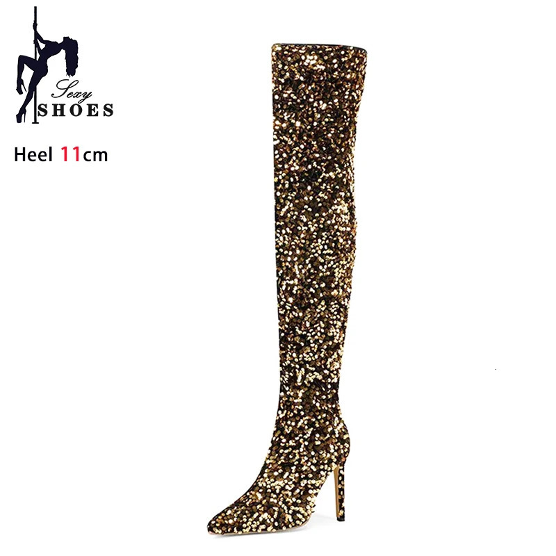 Shoes For Women Shiny Sequin Boots Over-the-Knee Boots Spring Autumn Zip Pointed Toe Zipper Stripper Heels Long Boots 250812
