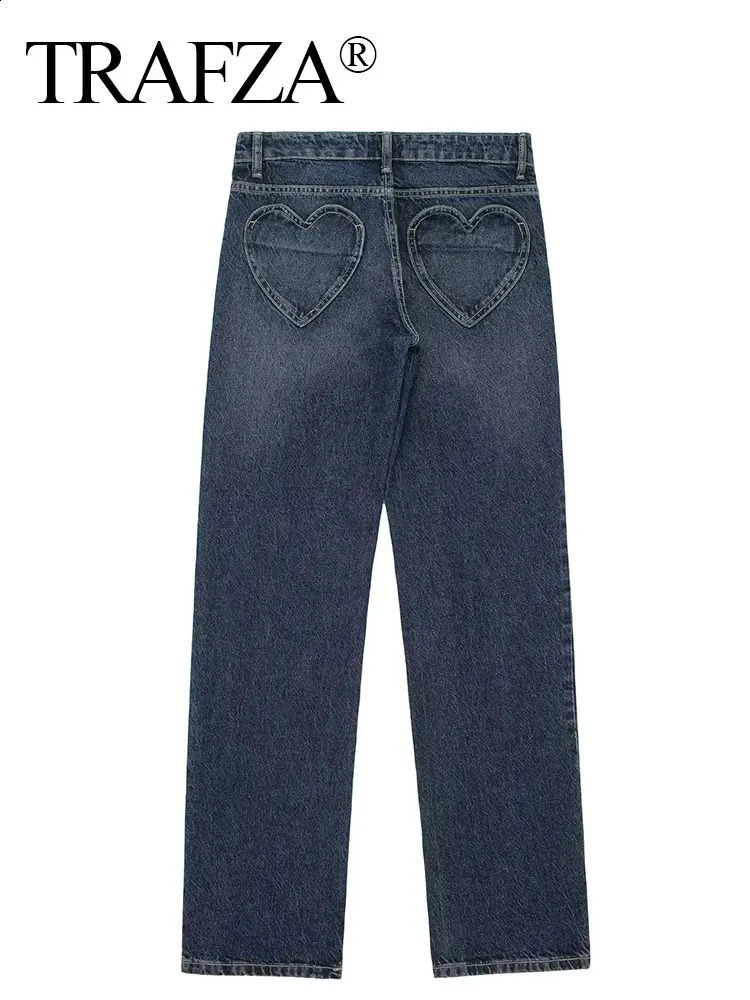 TRAFZA Womens Street Fashion Denim Suit Long Sleeve Lapel Buttons Heart Pattern JacketHigh Waist Straight Jeans Retro Set 250806