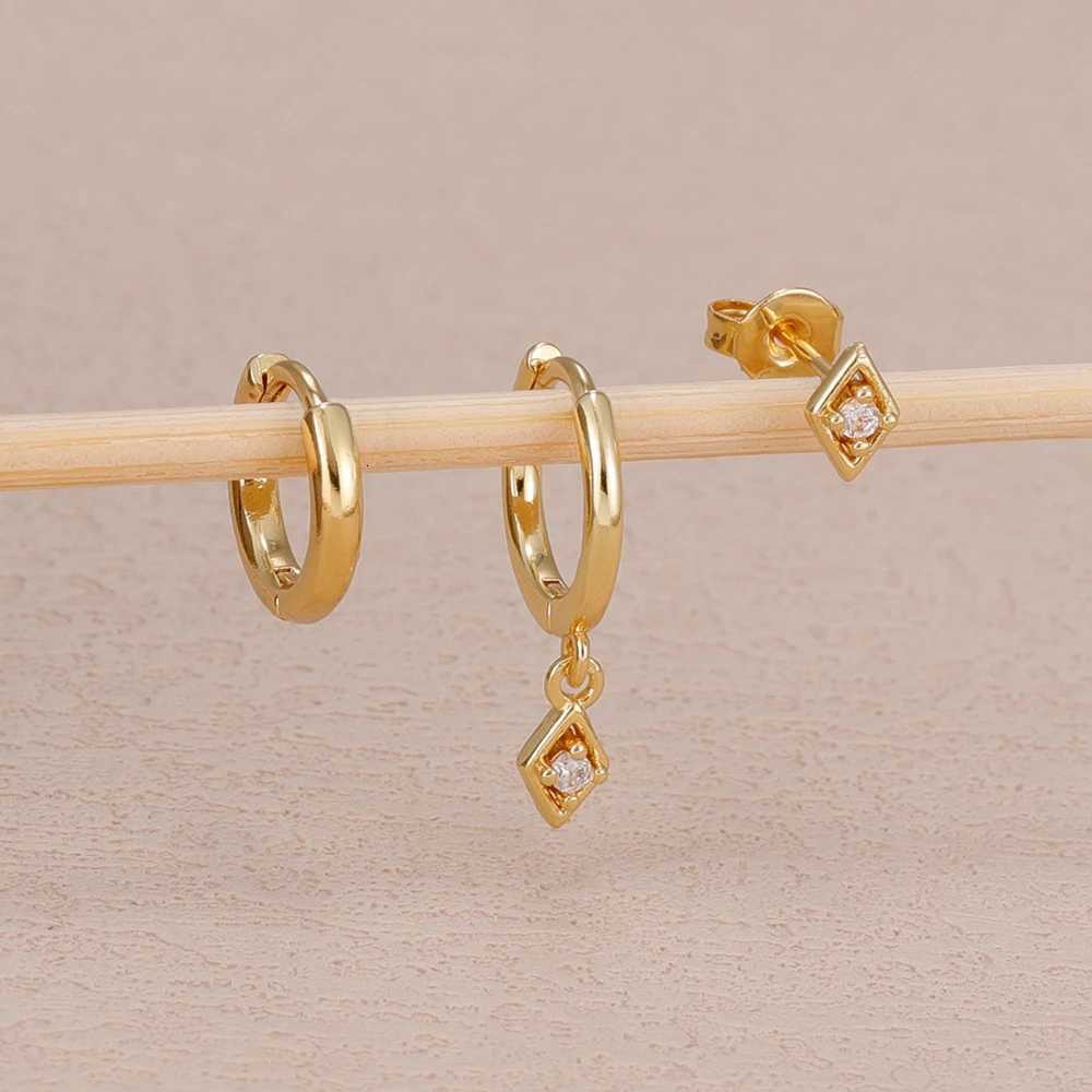 3PCS 14K Gold Plated Square Zircon Earring Set for Women Stainless Steel Pendant Charms Huggies Earring Punk Unisex Rock Jewelry Y250812