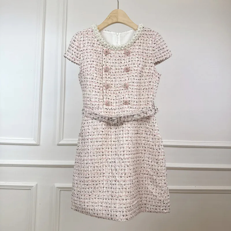 Summer Autumn New Pearl Inlaid Dia Round Neck Slimming Belt Tweed Elegance Style Base Sleeve Dress Short Skirt